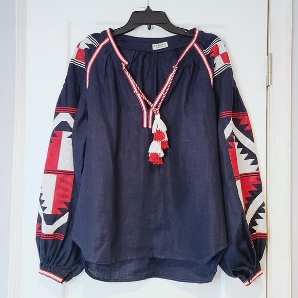 Fanm Mon Tops - Fanm Mon Hand Embroidered Linen Peasant Blouse Navy Red EU 42 US M Artisan